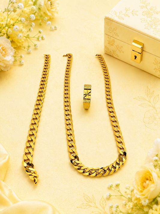 The classic Cuban link chain paired with a stylish engraved ring makes it perfect for weddings, parties, festivals, gifting, and everyday fashion. Lightweight, comfortable, and skin-friendly, this premium combo is designed to elevate your look for every occasion.