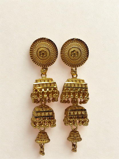 3 Layer Jhumka Earrings, Gold Plated Jhumka, Traditional Jhumki for Women, Bridal Earrings, Temple Jewelry, Long Jhumka Earrings, Ethnic Gold Earrings, Festive Jewelry, Designer Jhumka, Indian Traditional Earrings.
