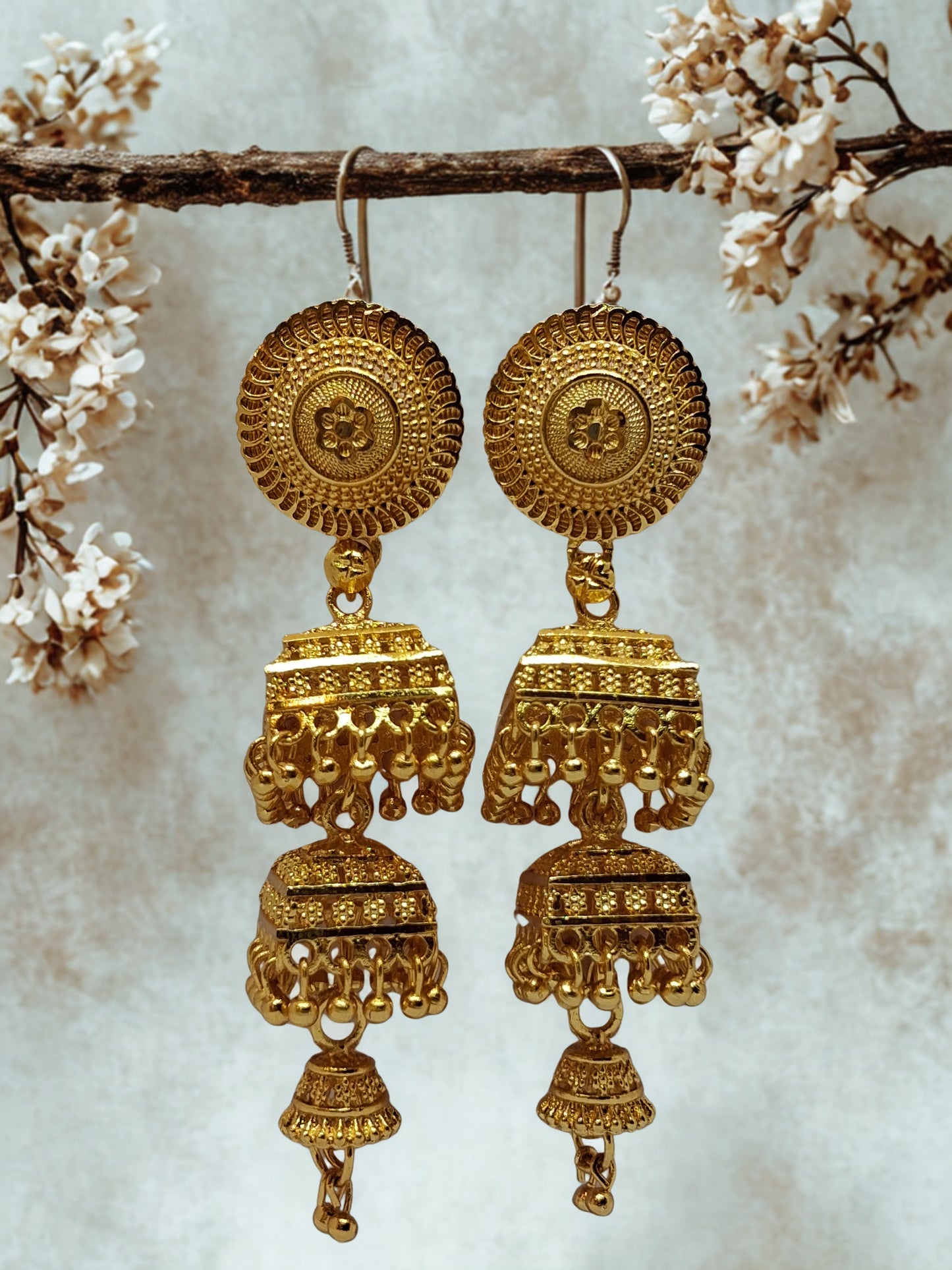 3 Layer Jhumka Earrings, Gold Plated Jhumka, Traditional Jhumki for Women, Bridal Earrings, Temple Jewelry, Long Jhumka Earrings, Ethnic Gold Earrings, Festive Jewelry, Designer Jhumka, Indian Traditional Earrings. sampriti jewllers. gold plated