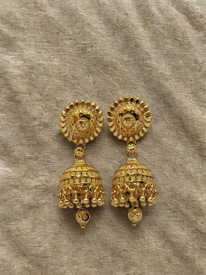 2 Layer Jhumka, Gold Plated Jhumka Earrings, Traditional Jhumka for Women, Ethnic Earrings, Bridal Jhumka, Temple Jewelry, Indian Gold Tone Earrings, Festive Jewelry, Lightweight Jhumki, Designer Jhumka. premiu gold plated