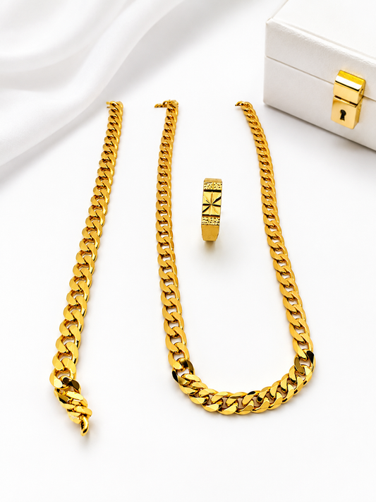 Upgrade your style with our Premium 24K Gold Plated Cuban Chain & Ring Combo Set, designed for men who appreciate luxury and elegance. Crafted on a high-quality copper base and finished with premium 24K gold plating, this set offers the rich appearance of real gold with excellent durability and long-lasting shine.