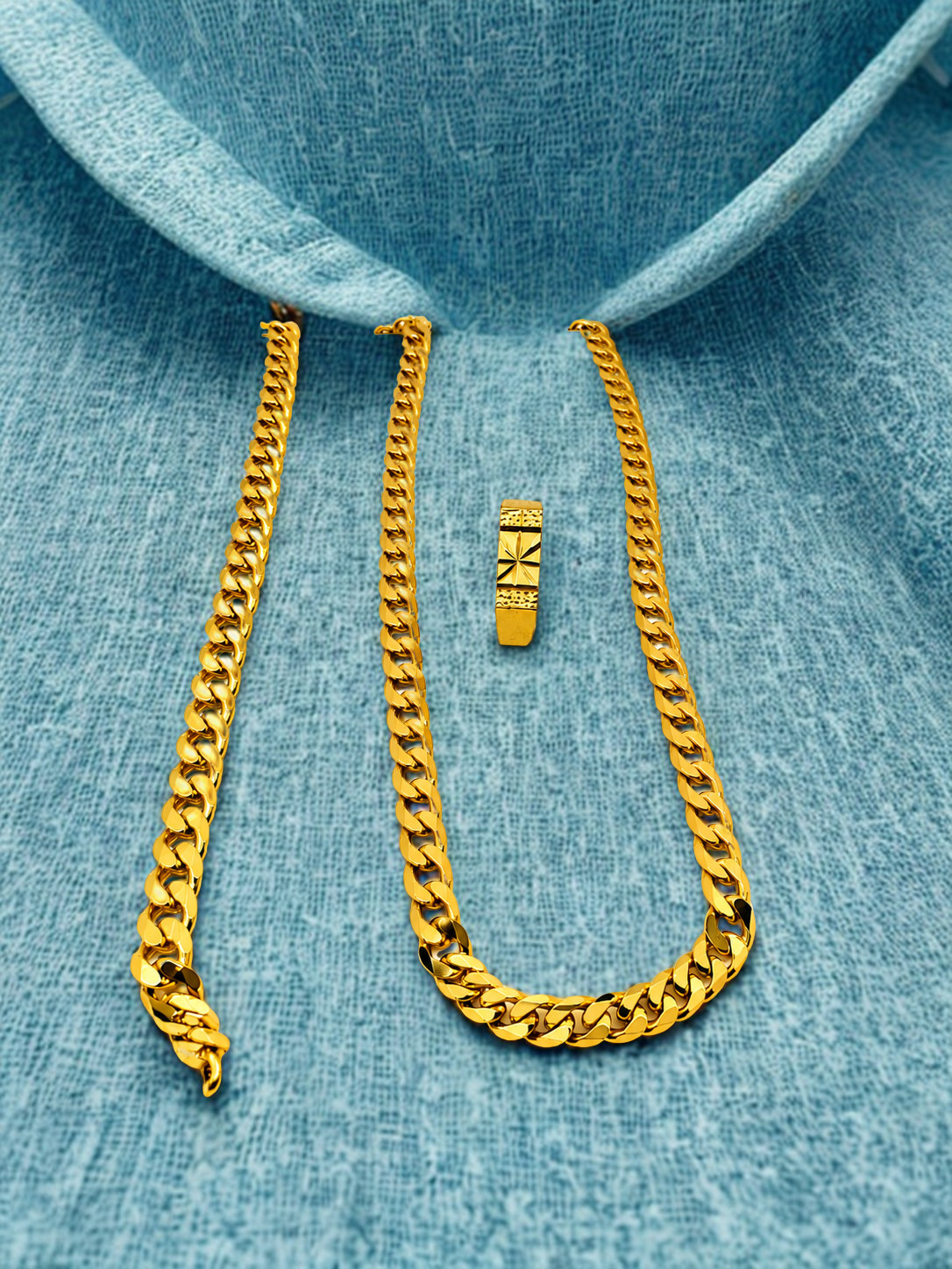 Base Metal: Premium Copper
Plating: Premium 24K Gold Plating
Finish: High Gloss Mirror Finish
Chain Style: Cuban Link Chain
Ring Style: Engraved Designer Ring
