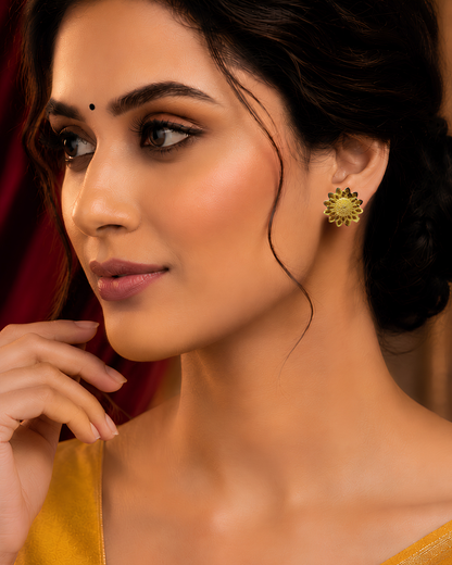 Shop elegant Sunflower Bloom Gold Plated Stud Earrings. Lightweight floral design, perfect for daily wear, festive occasions, parties, and gifting. Premium quality fashion jewellery.