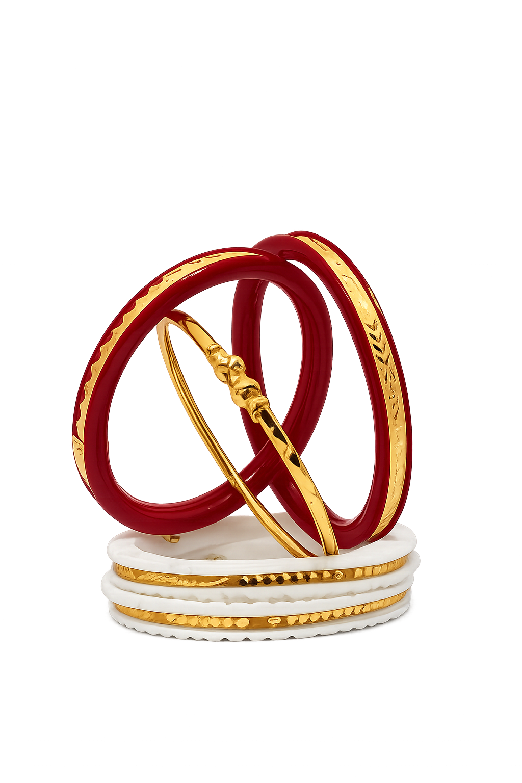 Featuring beautifully engraved gold-plated bangles, classic red Shakha-inspired bangles, elegant white Pola-style bangles, and a matching Noya bracelet, this combo is perfect for weddings, festivals, puja, anniversaries, and daily traditional wear.