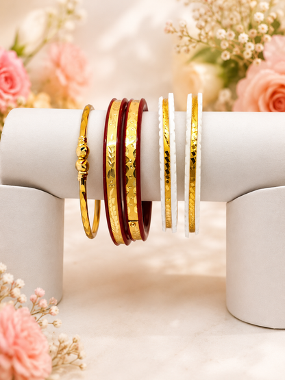 Base Metal: Premium Copper
Plating: 24K Gold Plated
Finish: High Polish Premium Finish
Color: Gold, Red & White
Skin Friendly: Yes
Nickel Free: Yes
Lightweight: Yes
Handcrafted Design: Premium Engraved Finish
Suitable For: Daily Wear, Weddings, Festivals, Puja & Special Occasions