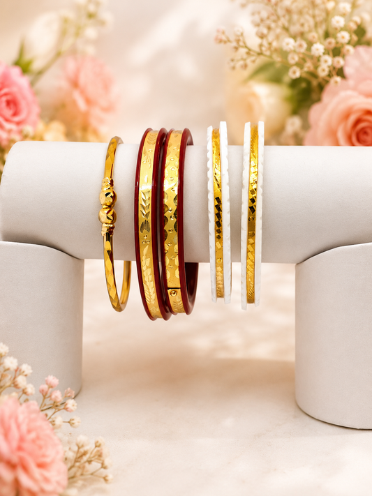 Base Metal: Premium Copper
Plating: 24K Gold Plated
Finish: High Polish Premium Finish
Color: Gold, Red & White
Skin Friendly: Yes
Nickel Free: Yes
Lightweight: Yes
Handcrafted Design: Premium Engraved Finish
Suitable For: Daily Wear, Weddings, Festivals, Puja & Special Occasions