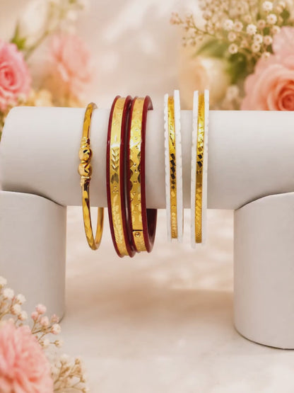 Package Includes
1 Pair Premium Shakha
1 Pair Premium Pola
1 Premium Gold Plated Noya Bracelet